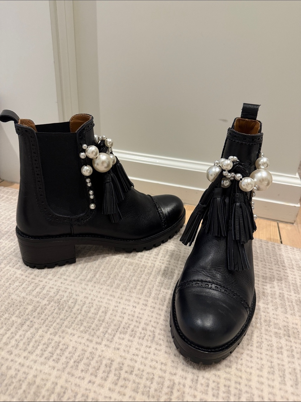 Black Leather Tassel & Pearl Chelsea Booties
